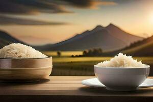 rice in a bowl and a bowl of rice on a table. AI-Generated photo