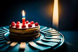 a birthday cake with one lit candle on top. AI-Generated photo