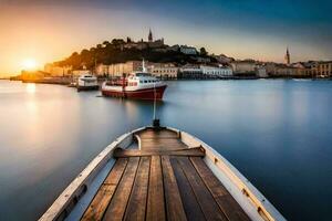 boats docked at the shore of a harbor at sunset. AI-Generated photo