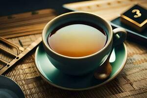 a cup of tea on a wooden table. AI-Generated photo