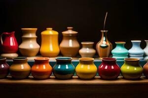 a row of colorful vases on a table. AI-Generated photo