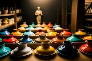 colorful vases are lined up on a table. AI-Generated photo