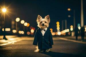 a small dog dressed in a tuxedo standing on the street at night. AI-Generated photo