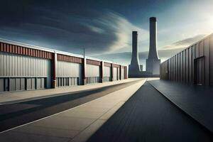 un largo la carretera con industrial edificios y un fábrica. generado por ai foto