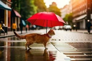 un gato caminando en el lluvia con un sombrilla. generado por ai foto