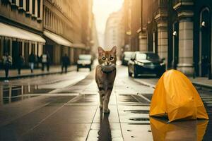 un gato caminando en un mojado calle siguiente a un amarillo bolsa. generado por ai foto