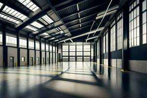 an empty warehouse with large windows and lots of light. AI-Generated photo