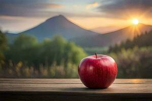 an apple sits on a wooden table in front of a mountain. AI-Generated photo