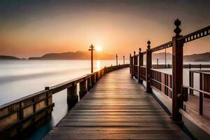 a wooden pier with the sun setting over the water. AI-Generated photo