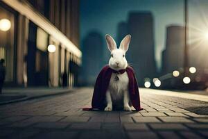 un Conejo vestido como un superhéroe se sienta en el calle. generado por ai foto