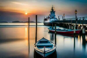 boats docked at the pier at sunset. AI-Generated photo