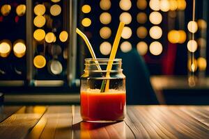 a glass of juice with straws on a wooden table. AI-Generated photo