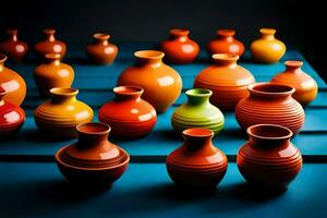 a collection of colorful vases on a blue table. AI-Generated photo