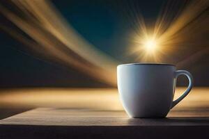 a coffee cup on a table with a bright light behind it. AI-Generated photo