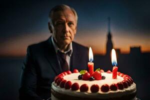 un más viejo hombre es sentado en frente de un cumpleaños pastel con dos velas generado por ai foto