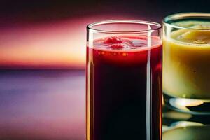 two glasses of juice with a sunset in the background. AI-Generated photo