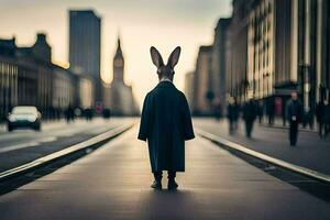 a rabbit wearing a coat and hat stands on a street. AI-Generated photo