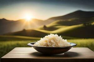 a bowl of rice on a table in front of a mountain. AI-Generated photo