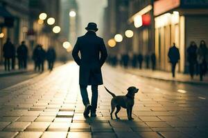 un hombre y su perro caminando abajo un ciudad calle. generado por ai foto