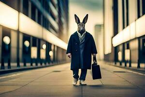 a man wearing a rabbit mask and suit walking down a street. AI-Generated photo