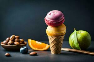 colorful ice cream cones with fruit and nuts. AI-Generated photo