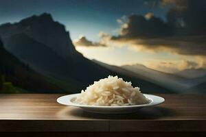 un plato de arroz en un mesa en frente de montañas. generado por ai foto