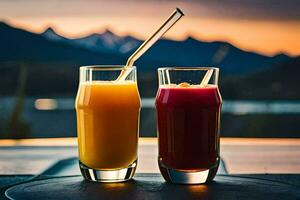 two glasses of orange juice with straws on a table. AI-Generated photo