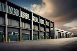 a large warehouse with two doors and a sky background. AI-Generated photo