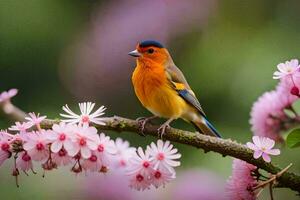 a small bird is sitting on a branch with pink flowers. AI-Generated photo