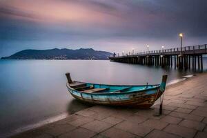 a boat sits on the shore of a lake at dusk. AI-Generated photo