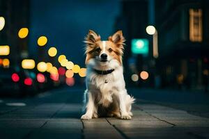 a dog sitting on the street at night. AI-Generated photo