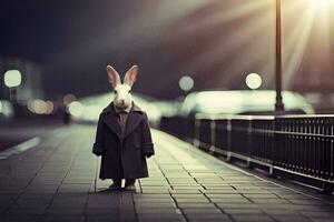a rabbit in a coat standing on a sidewalk. AI-Generated photo
