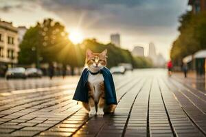 a cat wearing a cape on a brick street. AI-Generated photo