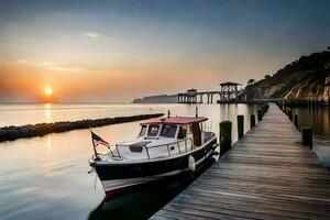 a boat docked at the end of a pier at sunset. AI-Generated photo