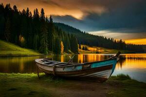 a boat sits on the shore of a lake at sunset. AI-Generated photo