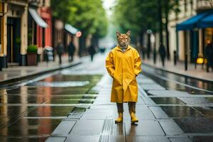 a cat in a raincoat standing on a wet street. AI-Generated photo