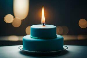 azul cumpleaños pastel con un iluminado vela. generado por ai foto