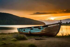 a boat sits on the shore of a lake at sunset. AI-Generated photo