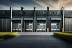 a large industrial building with four doors. AI-Generated photo