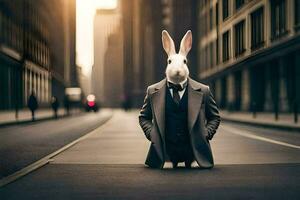 a rabbit dressed in a suit and tie standing in the middle of a city street. AI-Generated photo