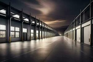 a long empty warehouse with a dark sky. AI-Generated photo