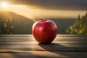 an apple sits on a wooden table in front of a sunset. AI-Generated photo