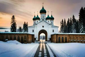 un Iglesia en el nieve con un ruta líder a él. generado por ai foto