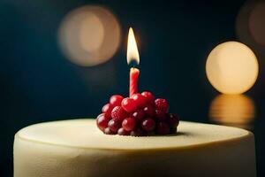 a single candle is lit on a white cake. AI-Generated photo
