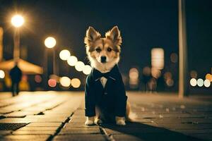 un perro en un traje y Corbata sentado en el acera. generado por ai foto