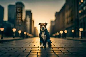 a dog in a blue shirt sitting on the street. AI-Generated photo