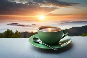 a cup of coffee on a table in the mountains. AI-Generated photo