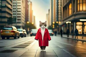 a cat in a red coat standing on a city street. AI-Generated photo