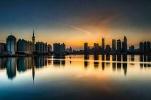 el ciudad horizonte es reflejado en el agua a puesta de sol. generado por ai foto