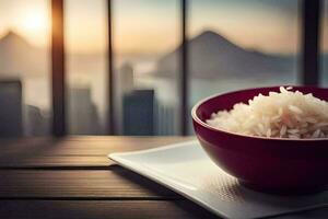 rice in a bowl on a table with a view of the city. AI-Generated photo